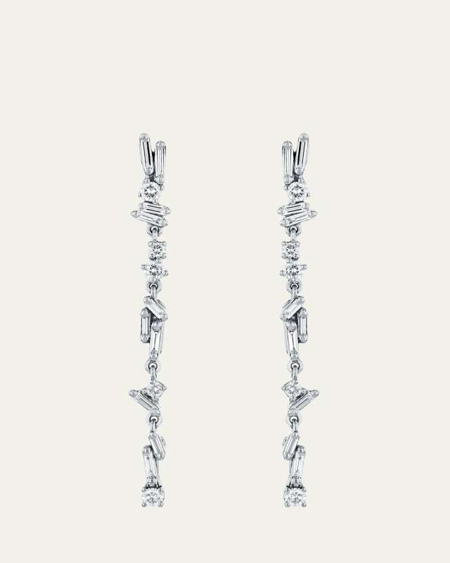 18K White Gold Dangle Earrings with Diamond Baguettes and Rounds